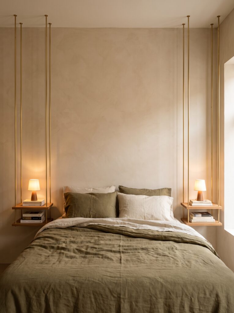  Suspended wood nightstand shelves hanging from brass rods on either side of a bed