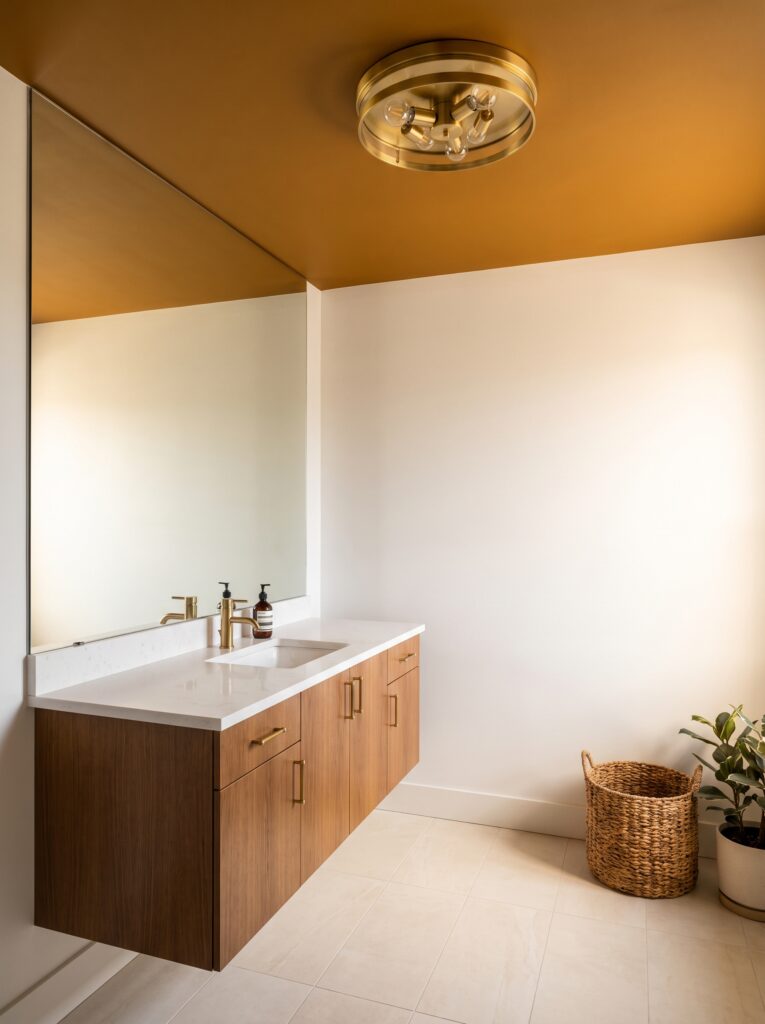 warm-modern-bathroom-ideas-ochre-statement-ceiling