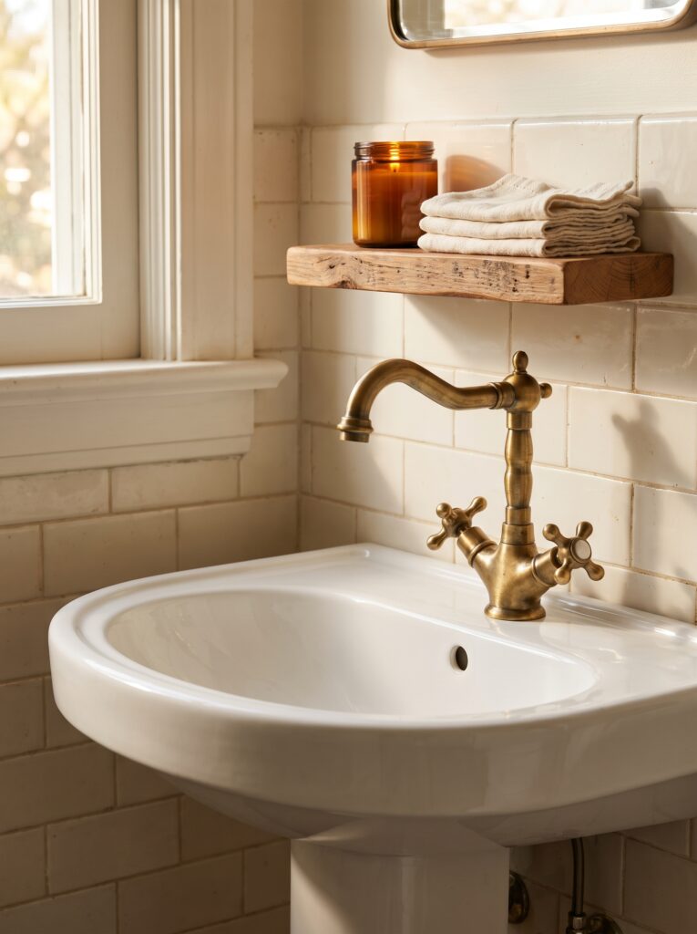  An ornate antique brass cross-handle faucet on a white pedestal sink, with a small reclaimed wood shelf above holding an amber candle jar and folded cream washcloths