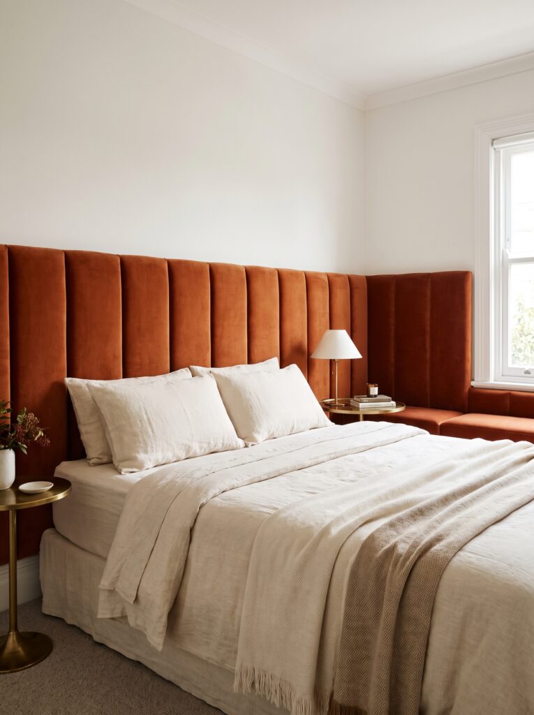 Channel-tufted burnt-orange velvet headboard wall that wraps around into a built-in bench seat