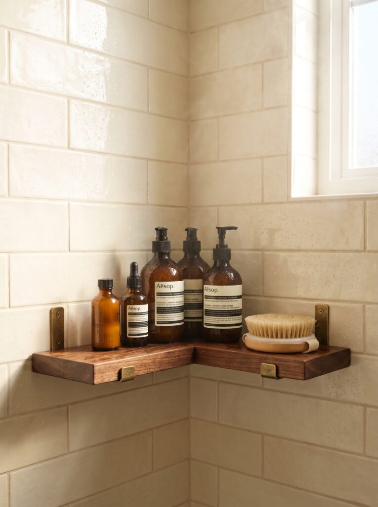 A wood corner shelf mounted in a tiled shower, holding amber glass bottles of soap and a natural bristle body brush, with steam and morning light coming through a nearby window