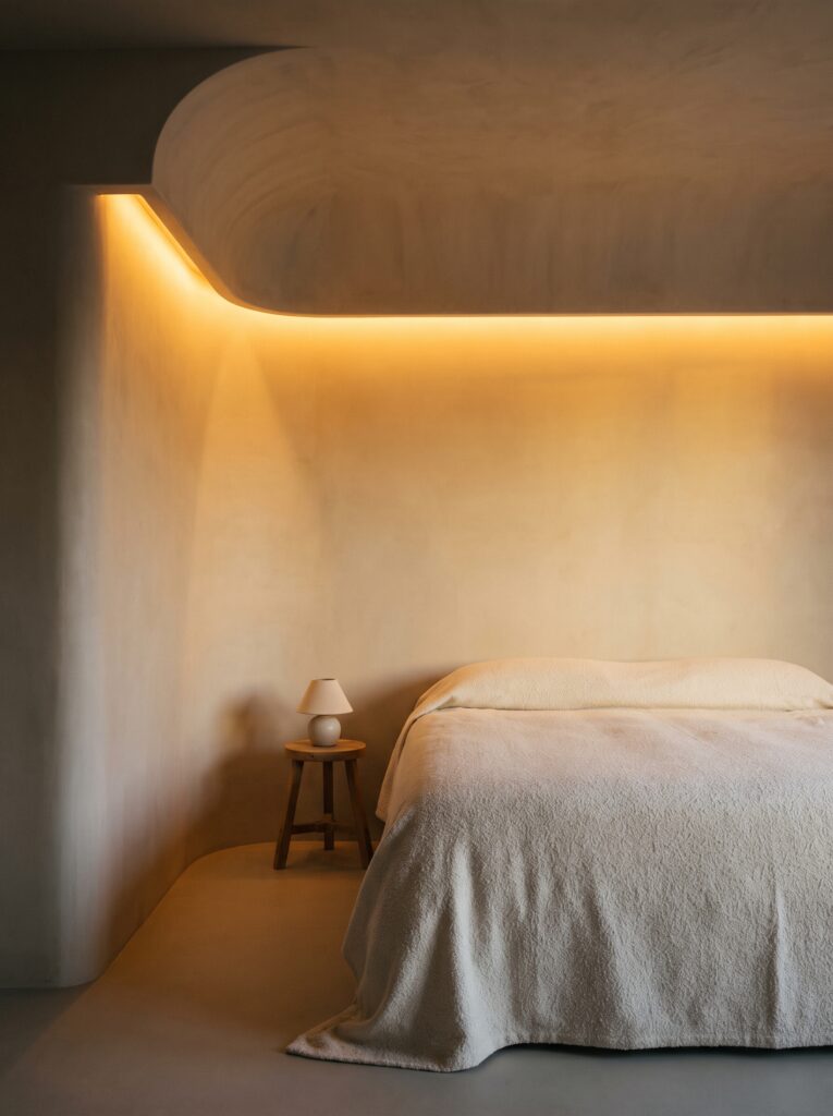 Curved plaster ceiling cove with hidden warm amber lighting above a boucle-covered bed