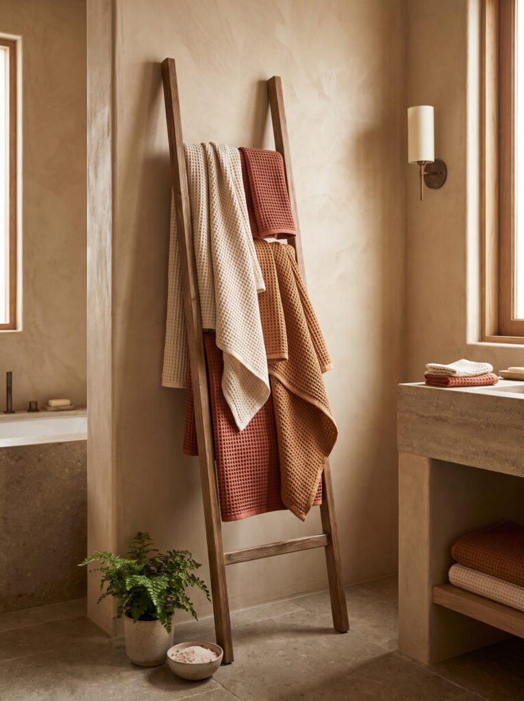 A tall wood ladder leaning against a plastered wall, draped with cream, rust, and mustard waffle-knit towels, next to a small fern in a ceramic pot and a bowl of bath salts