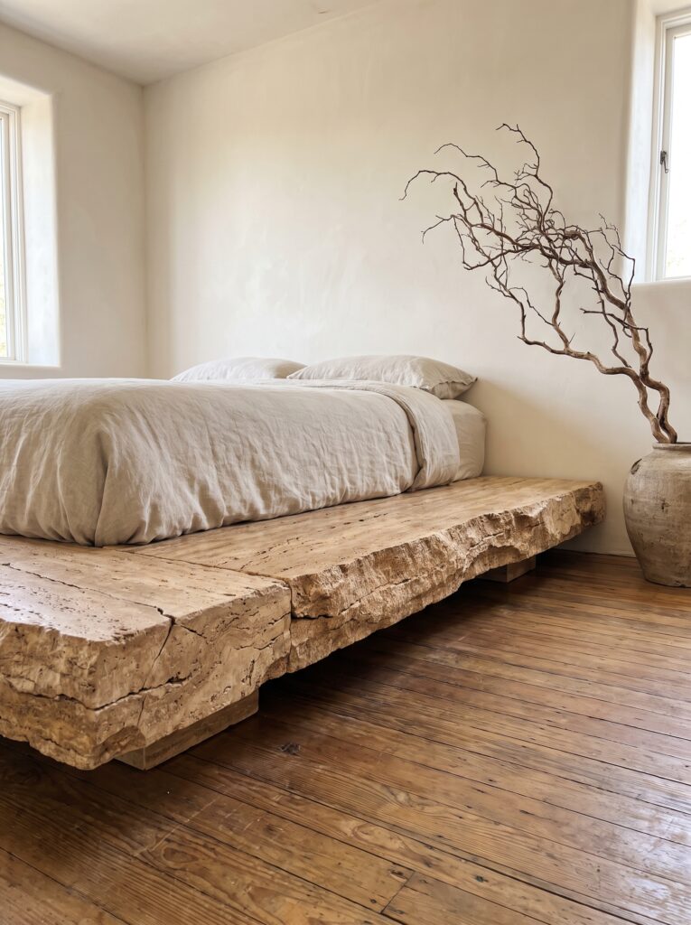 Low platform bed built from raw-edge travertine stone slabs with a dried branch in a ceramic vase nearby