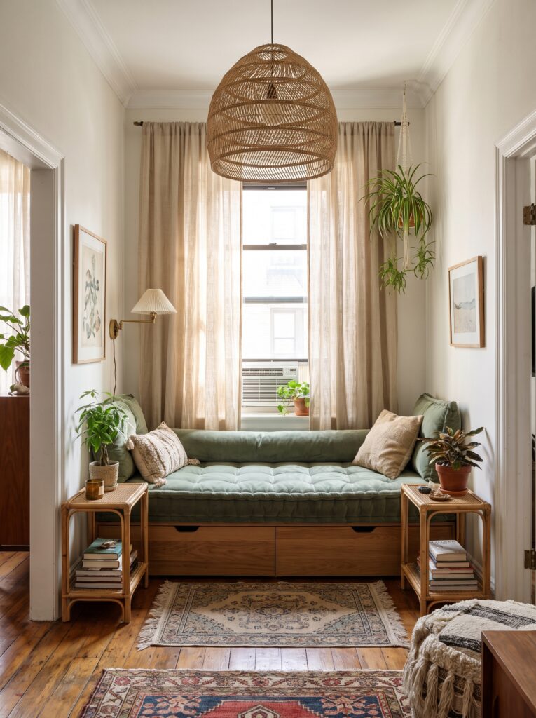A green velvet tufted daybed at the end of a narrow hallway, with a woven pendant light, rattan side tables, and hanging plants