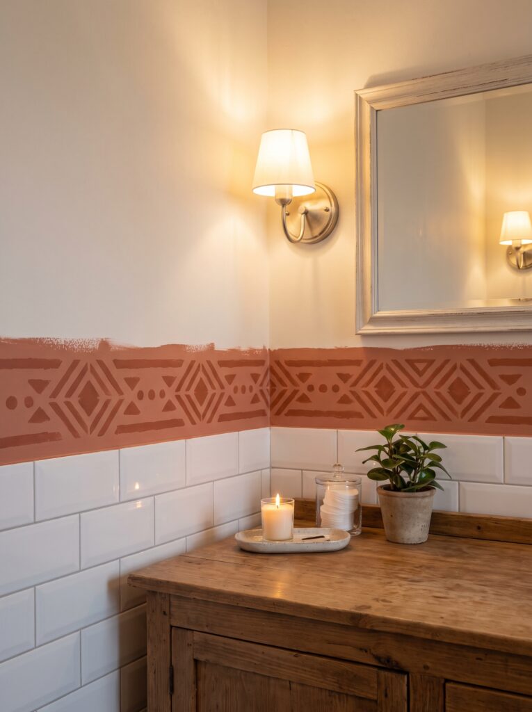 A hand-painted terracotta stencil border running along the top edge of white subway tile, below a brass wall sconce and an ornate mirror, with a candle, cotton rounds, and a potted plant on a wood dresser