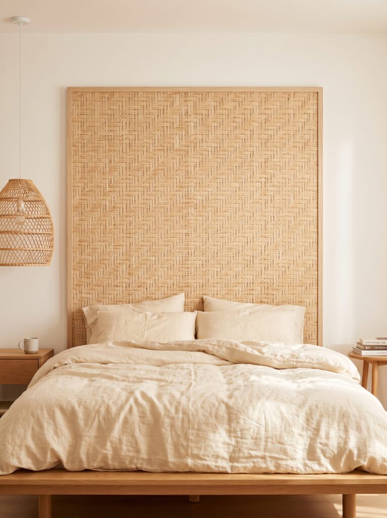 Woven rattan cane headboard panel in a wood frame above a bed with cream linen bedding