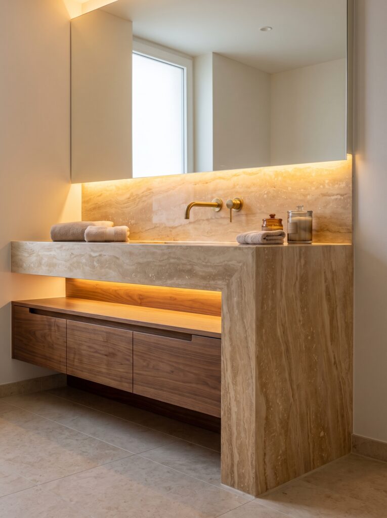 warm-modern-bathroom-ideas-marble-waterfall-vanity