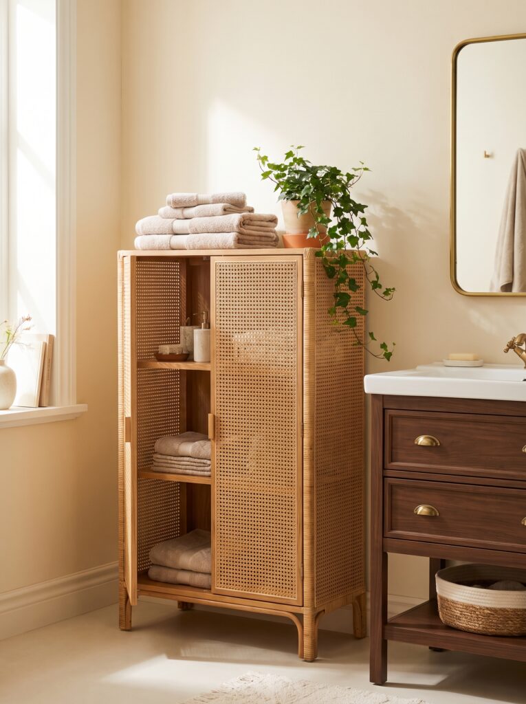 A tall freestanding rattan storage cabinet with open shelving, topped with folded towels and a trailing ivy plant, standing beside a dark wood vanity with brass hardware
