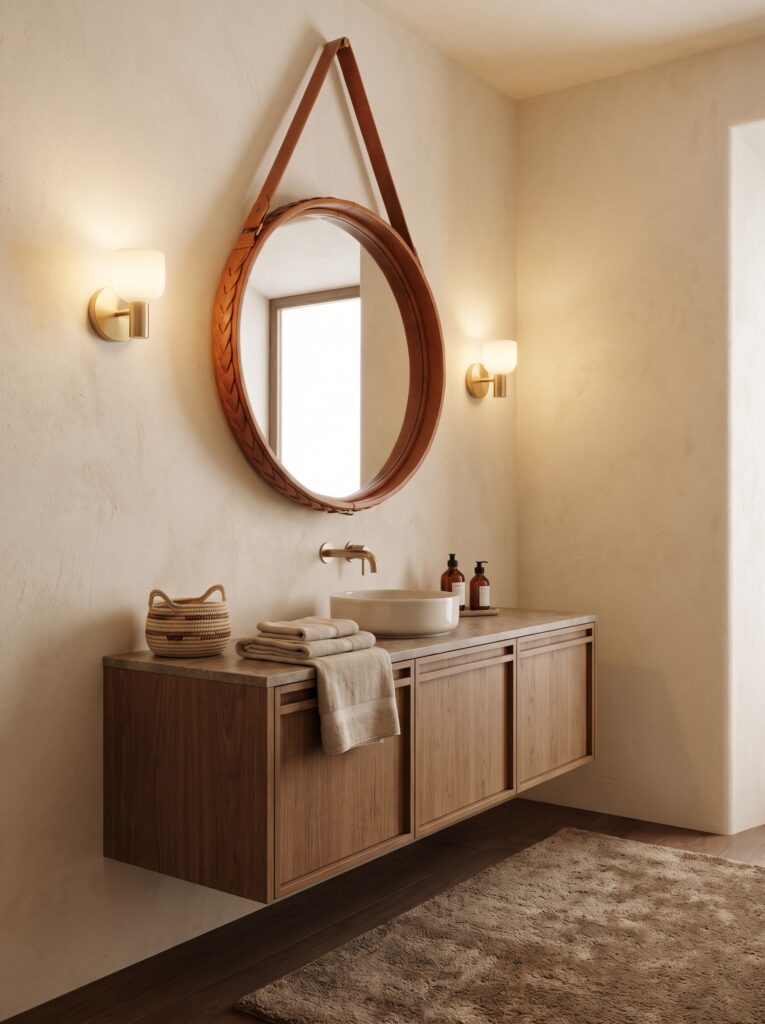warm-modern-bathroom-ideas-leather-strap-mirror