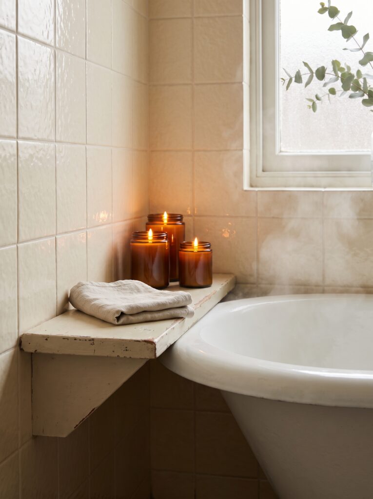 Three amber glass candles clustered on a small tiled ledge beside a steaming clawfoot-style tub, with a folded linen towel and a eucalyptus branch outside a nearby window