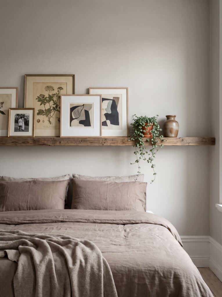 Wood picture ledge above a bed holding leaning framed art, a family photo, and a trailing potted plant