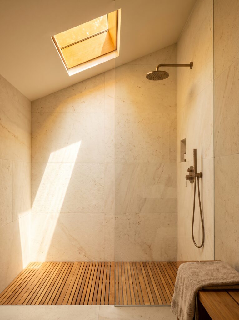 warm-modern-bathroom-ideas-amber-skylight-shower