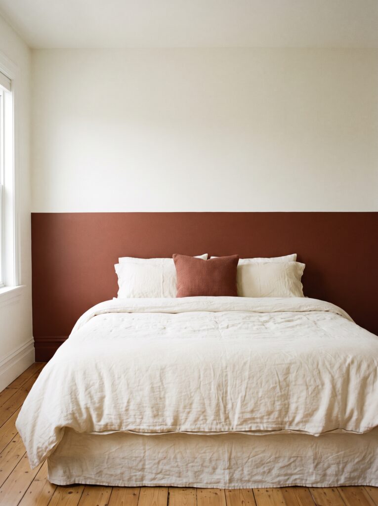 Bedroom wall painted in two tones split by a horizontal line at headboard height, deep clay below and white above