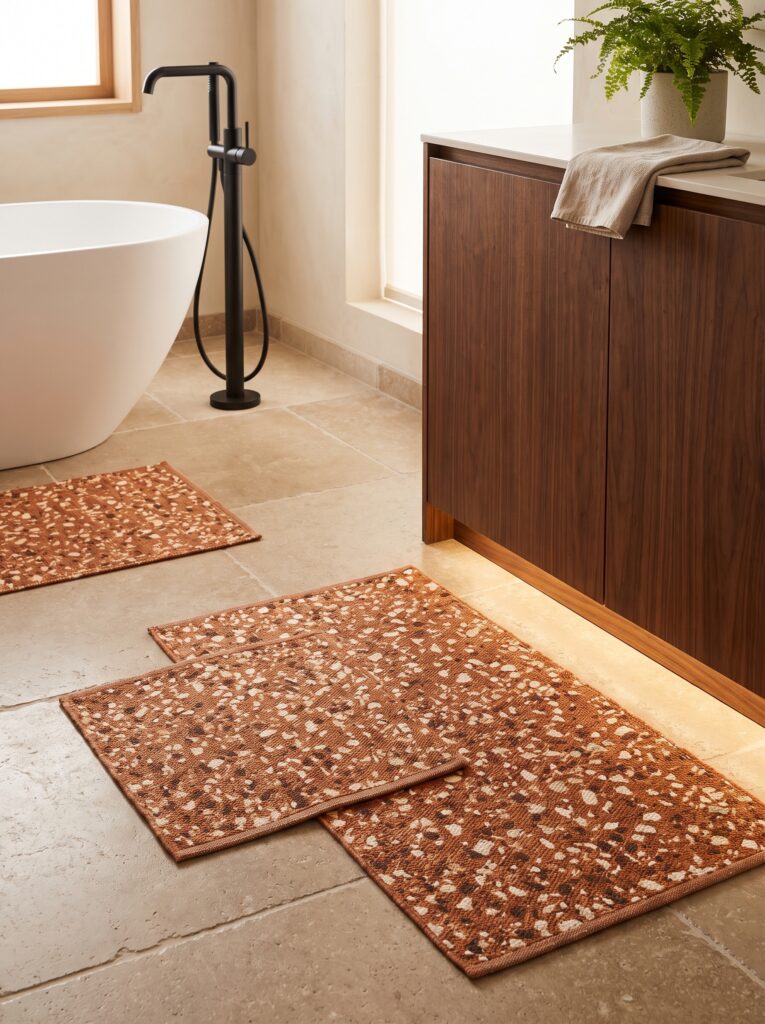 warm-modern-bathroom-ideas-layered-terracotta-mats