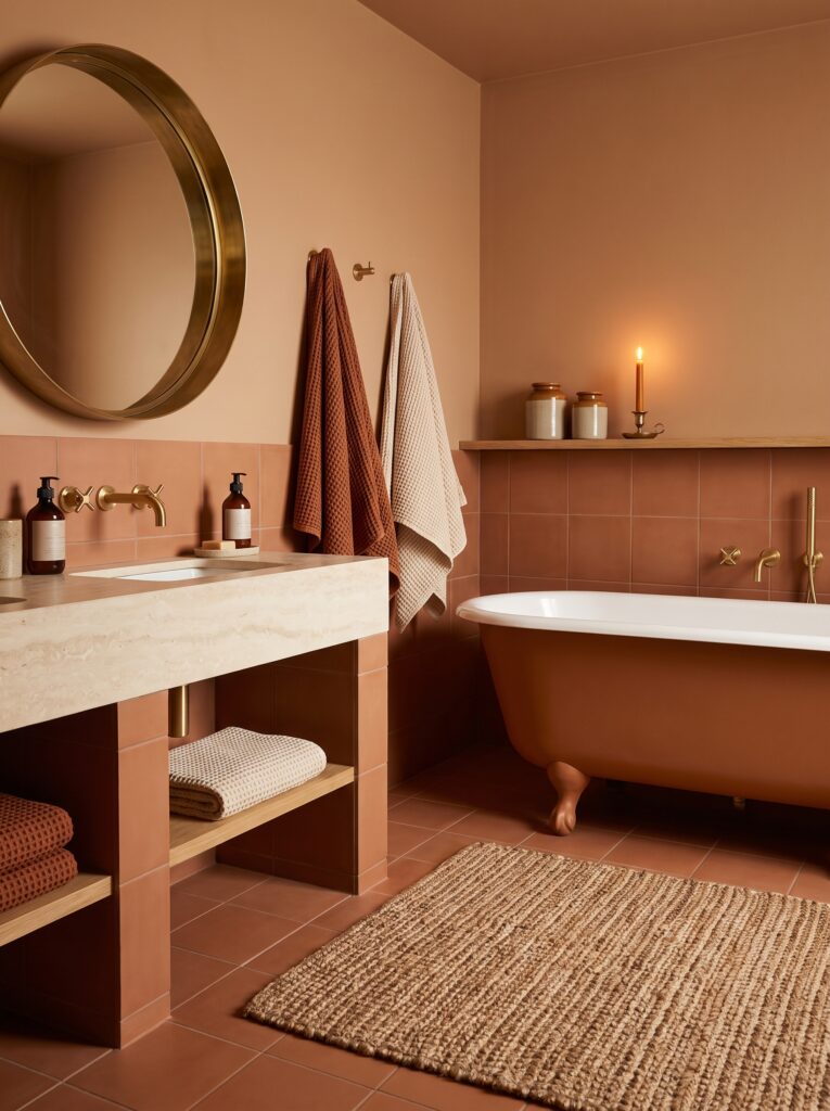 A monochrome terracotta bathroom with a matching clawfoot tub, round brass mirror, rust and cream waffle towels, a travertine vanity counter, and a woven jute bath mat on terracotta tile flooring
