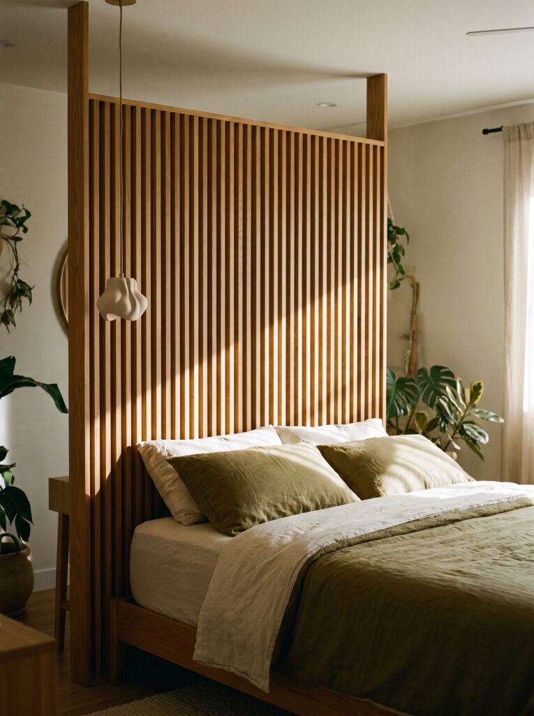  Freestanding slatted wood room divider positioned behind a bed, filtering daylight into striped shadows on the bedding