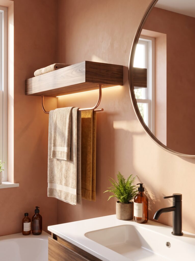 A modern warm-toned bathroom with a floating walnut wood shelf holding a thin brushed-copper rain-shaped rack for hanging towels, backlit by a hidden warm LED strip, terracotta plaster walls, matte black fixtures, and a large round mirror