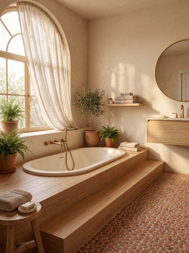  A modern warm bathroom with a slightly sunken oval bathtub set into a raised platform of light oak wood, terracotta pebble flooring, a large arched window with sheer linen curtain, and brass fixtures