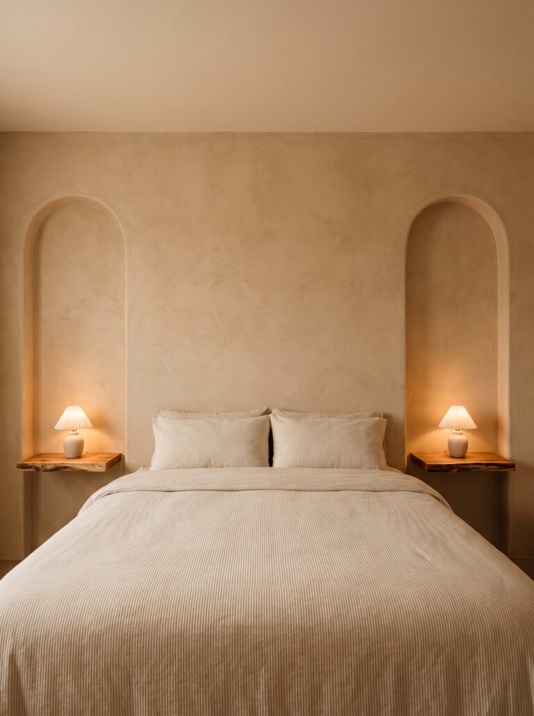Twin plaster archways carved into a bedroom wall, each with a floating wood shelf and ceramic table lamp