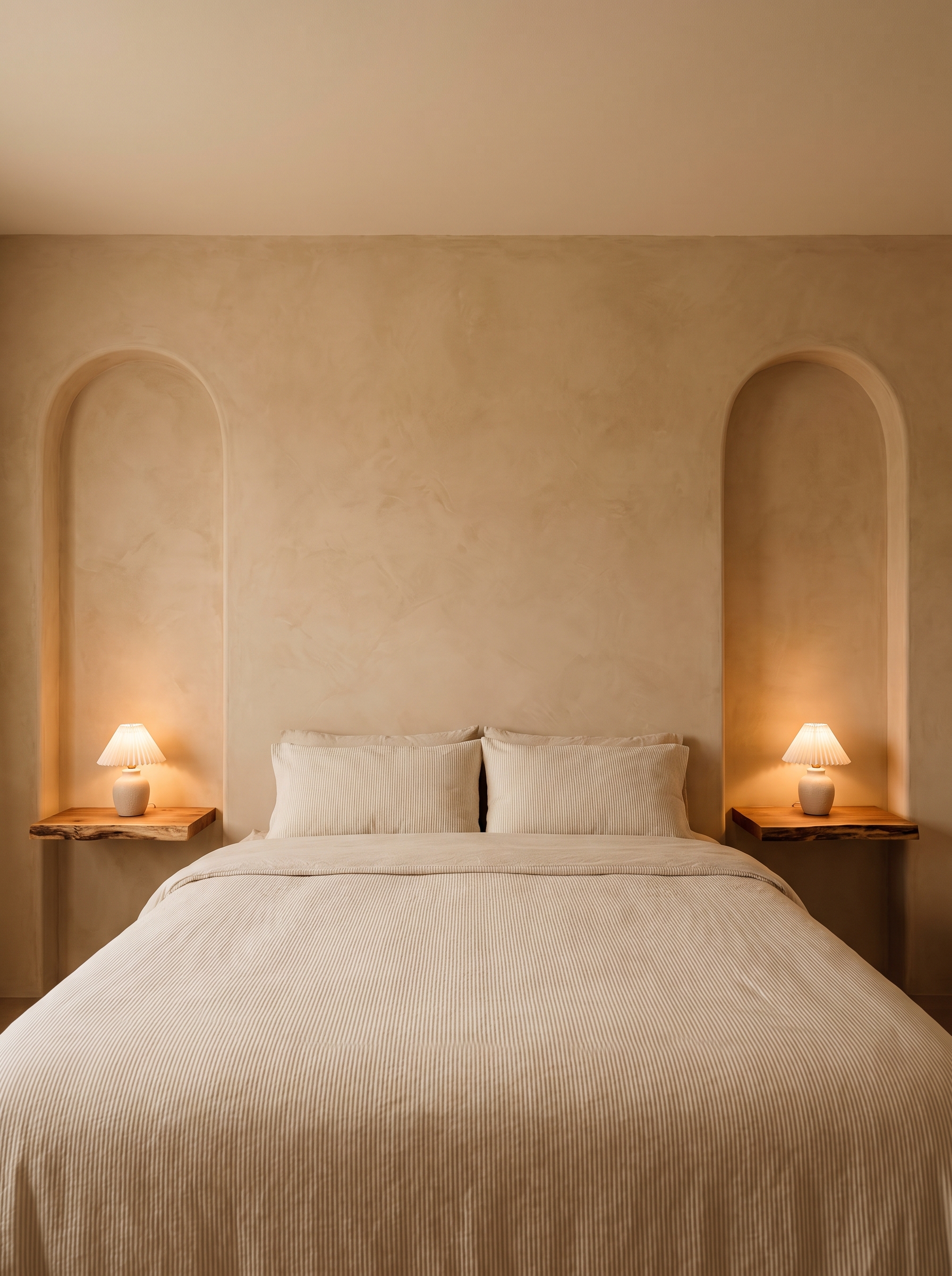 Twin plaster archways carved into a bedroom wall, each with a floating wood shelf and ceramic table lamp