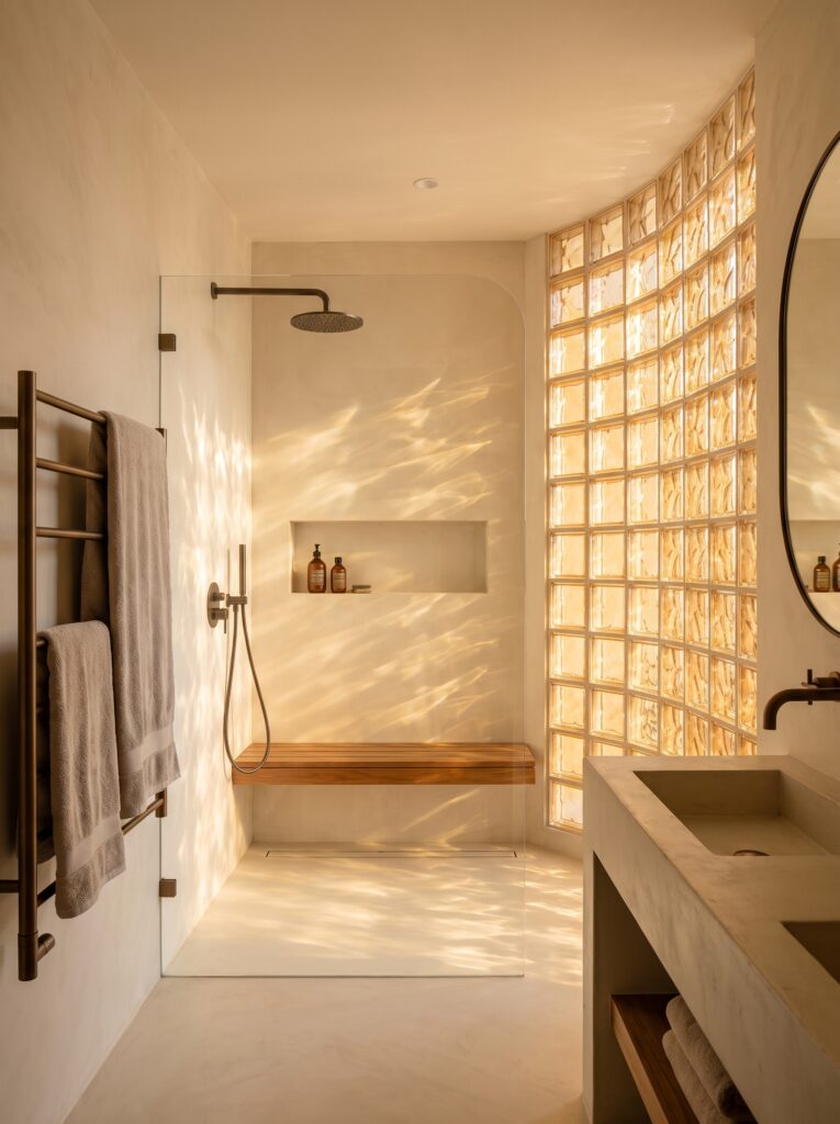 A modern bathroom with a walk-in shower enclosed by amber-tinted glass blocks, honey-colored light patterns on cream microcement walls, matte bronze fixtures, and a teak wood bench