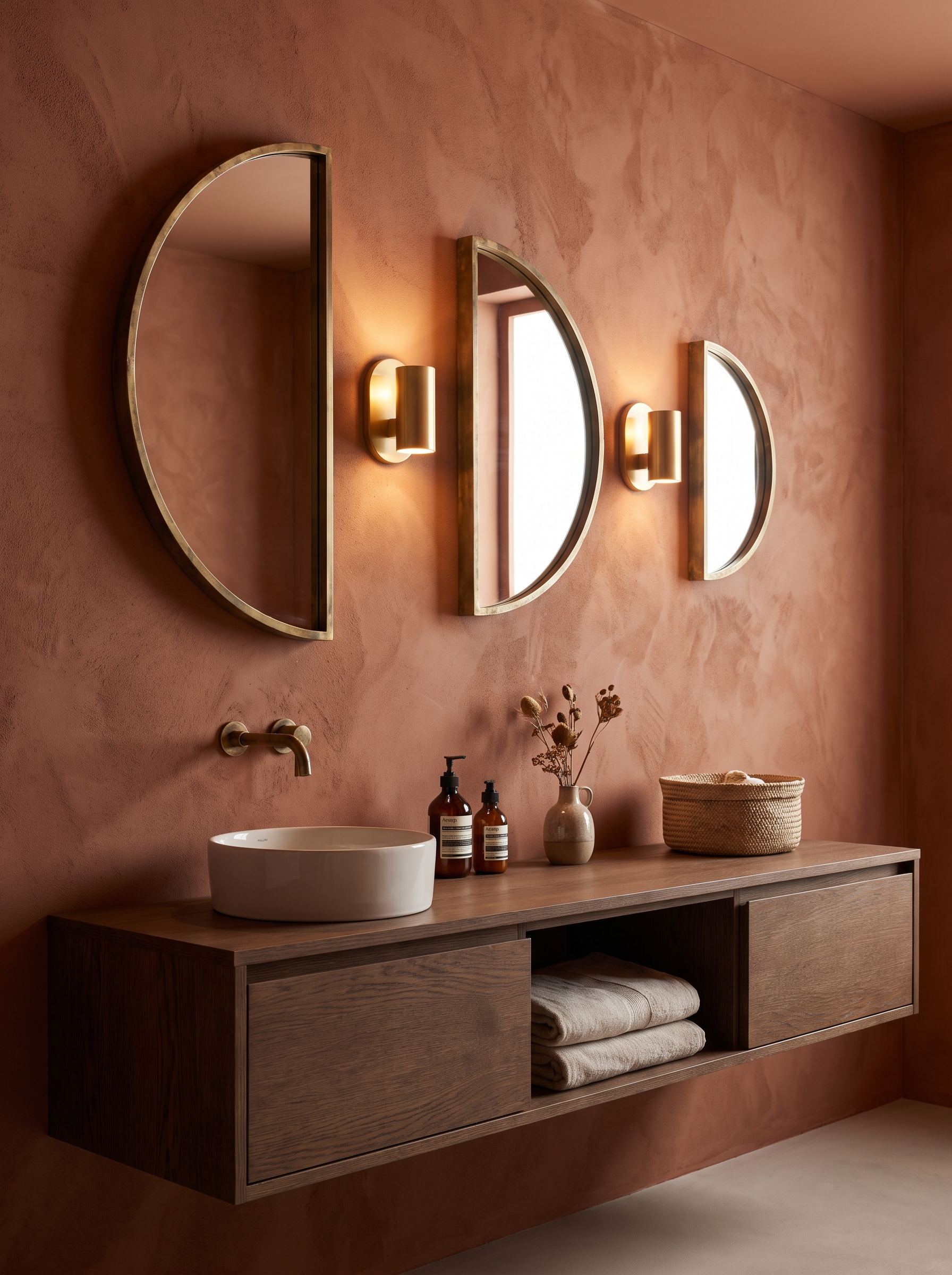 warm-modern-bathroom-ideas-terracotta-half-moon-mirrors
