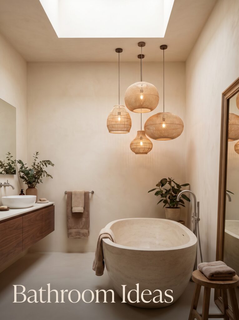 A modern warm bathroom with three woven rattan pendant lights clustered above a freestanding stone tub, cream limewash walls, a walnut vanity, and natural light from a skylight