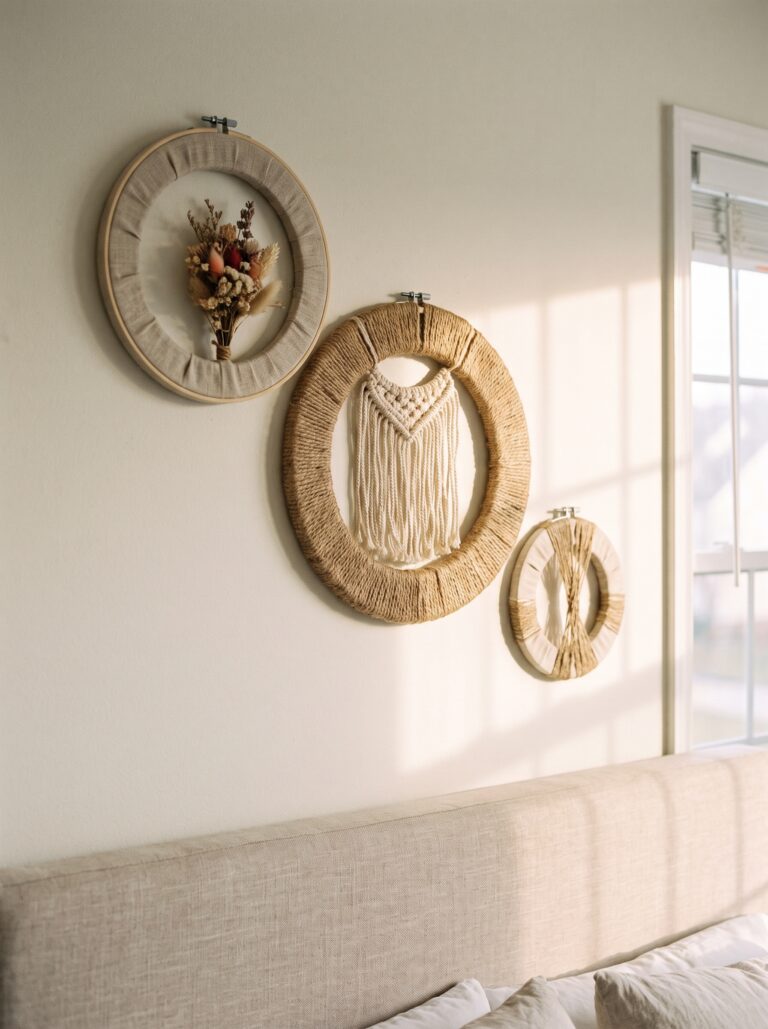 Three embroidery hoops of different sizes wrapped in linen and jute, one holding dried flowers and one wrapped with macramé fringe, arranged above a bed