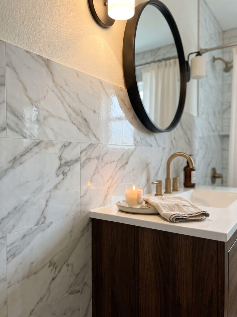 Glossy marble subway tile behind a walnut vanity with a round black-framed mirror, brass gooseneck faucet, a lit amber candle, and a folded linen towel on the white countertop