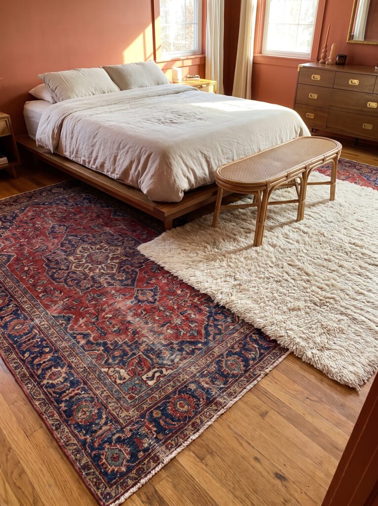 Two overlapping vintage-style rugs, a faded red medallion rug layered under an ivory shag rug, at the foot of a bed
