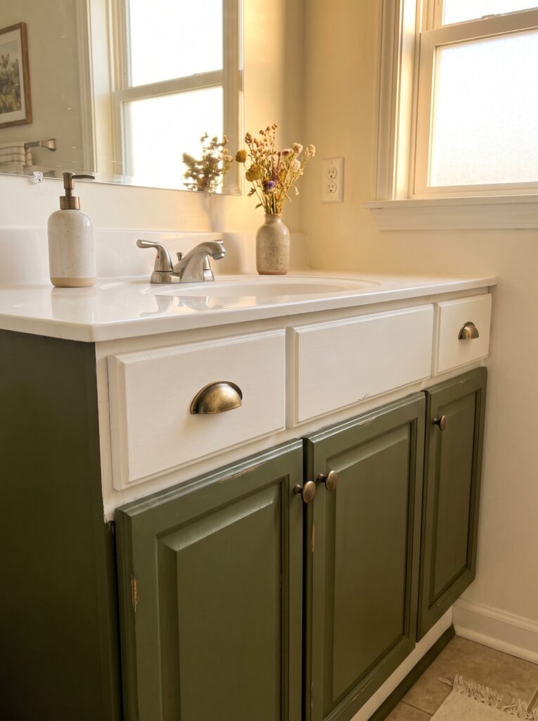 A bathroom vanity with the lower cabinet doors repainted olive green and the upper drawers left white, brass cup pulls, a speckled ceramic soap pump, and a small vase of dried wildflowers on the countertop