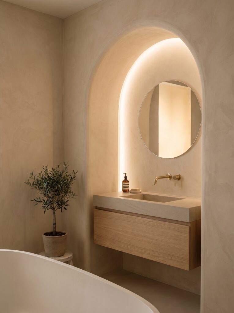 A modern warm bathroom with a curved, arched alcove carved into beige limewash plaster, a round mirror lit from behind, a wood vanity with stone sink, and a brass faucet