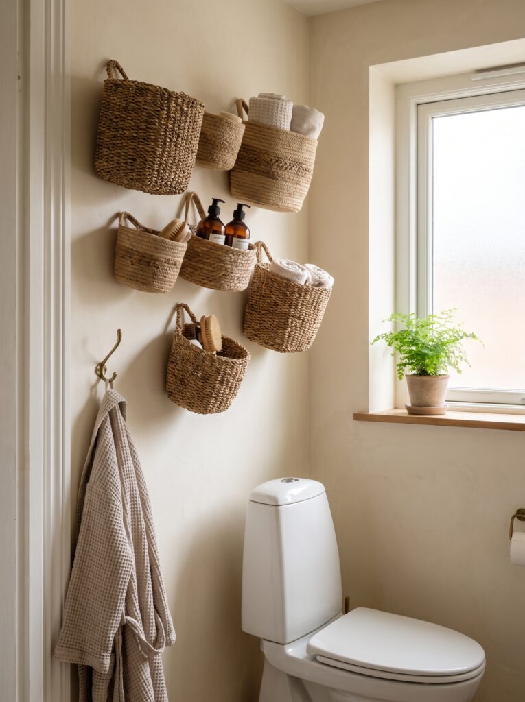 A cluster of woven seagrass baskets mounted on a wall above a toilet, holding towels, soap dispensers, and a body brush, with a robe on a hook and a small fern on the windowsill