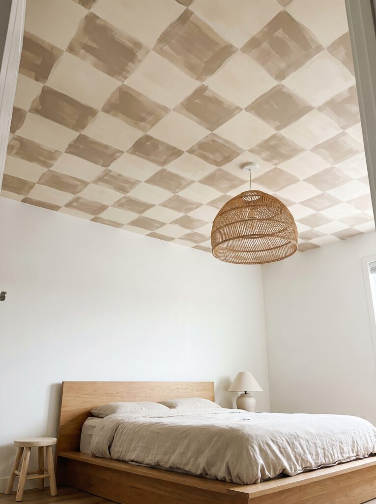 Hand-painted cream and taupe checkerboard pattern on a bedroom ceiling with a woven rattan pendant light
