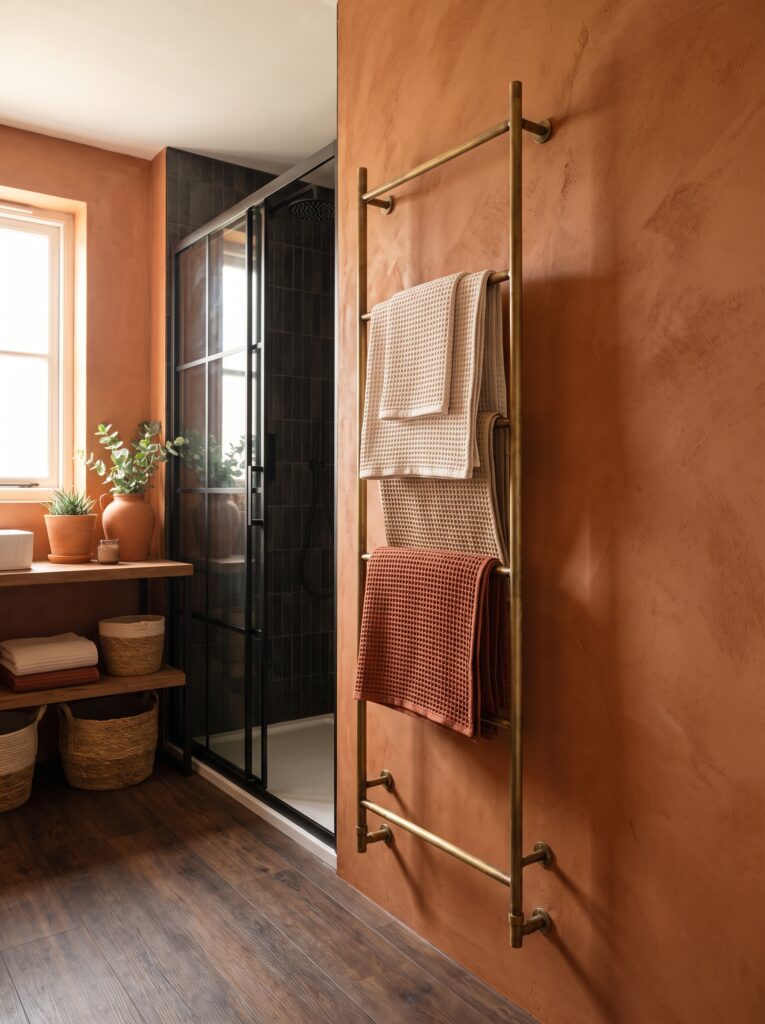 A modern warm bathroom with a slim vintage-style brass ladder mounted flat against a rust-orange textured wall, waffle-weave towels in cream and terracotta tones, and a black-framed shower door in the background