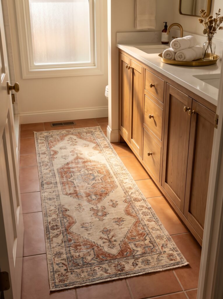 A faded vintage-style runner rug in rust and cream tones laid across terracotta tile in front of a wood vanity with brass hardware, rolled towels, and dried flowers in a glass vase