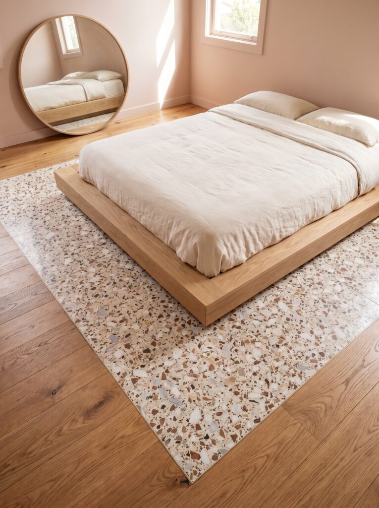 Terrazzo tile flooring inset beneath a wood platform bed frame, bordered by oak hardwood floors