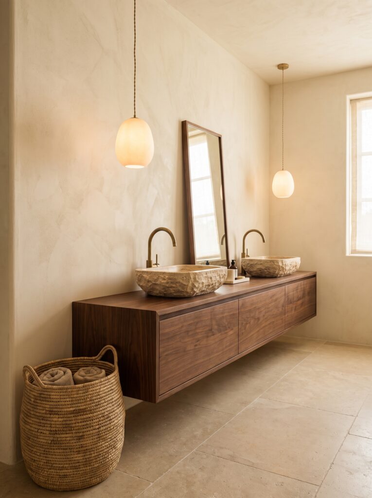 A modern warm bathroom with two hand-carved travertine vessel sinks on a long walnut counter, brass gooseneck faucets, warm cream walls, and a woven basket on the floor