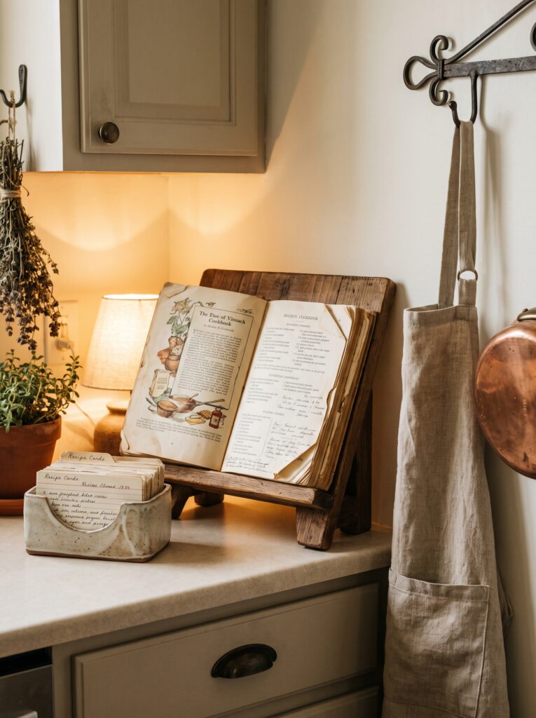 an open vintage cookbook resting on a wooden stand, beside a ceramic box of handwritten recipe cards and a linen apron hanging on a nearby hook