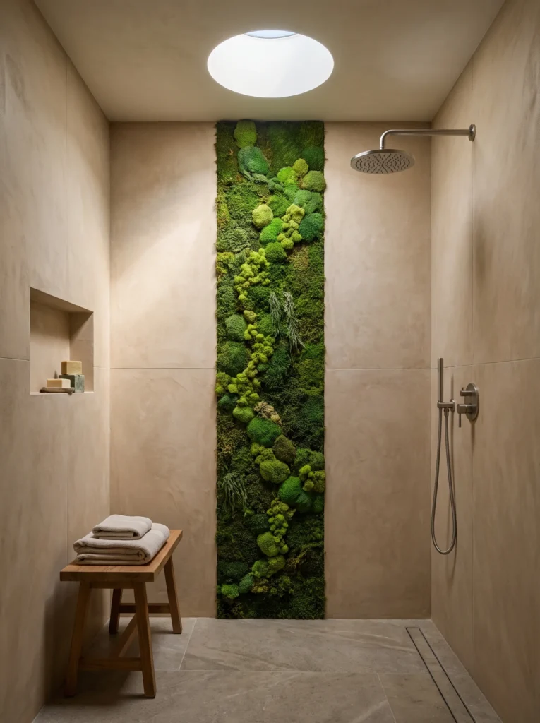 vertical living moss wall panel inside a minimalist beige shower with a round skylight and stainless steel rain shower head