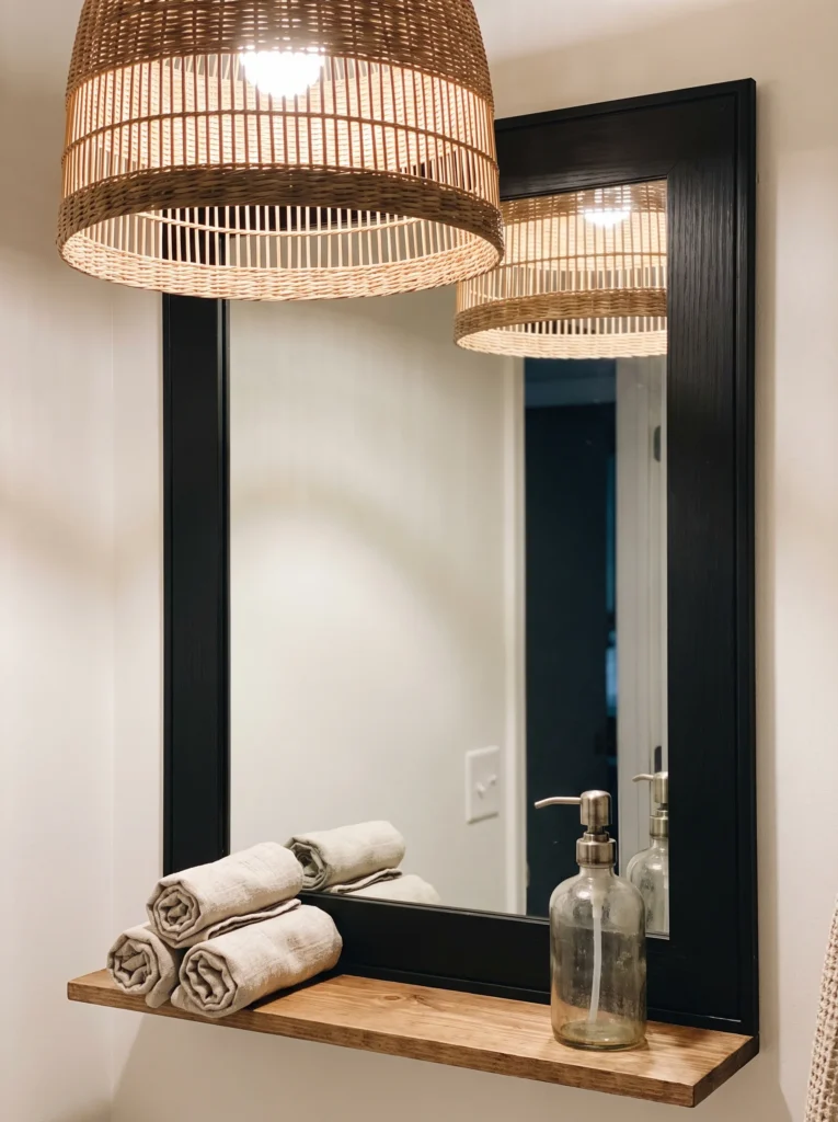 A black-framed rectangular bathroom mirror with a small wood shelf mounted beneath it holding rolled linen towels and a glass soap dispenser, lit by a woven rattan pendant light above