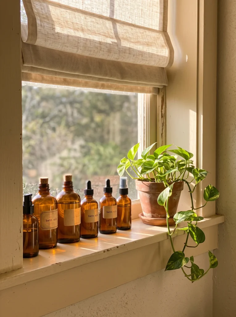 Windowsill lined with amber glass bath oil bottles and a trailing pothos plant in a terracotta pot, with morning light coming through a linen roman shade