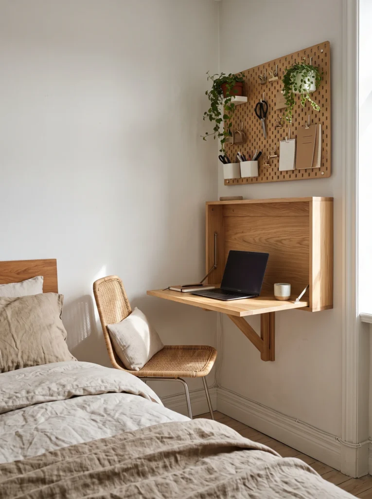 Sage green bedroom corner with a curved rattan armchair, a round rattan side table stacked with books, a linen roman shade, framed art, and a woven jute rug
