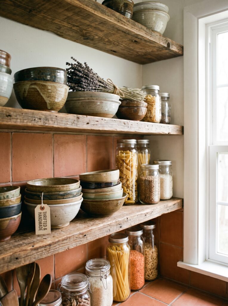 Reclaimed wood open shelves in a kitchen holding thrifted stoneware bowls, a bundle of dried lavender, and glass jars filled with pasta and grains
