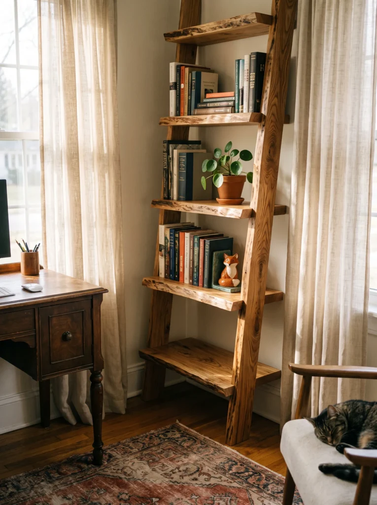 A tall leaning wooden ladder bookshelf filled with books, a small potted plant, and a fox figurine, standing beside a desk with a sleeping cat nearby