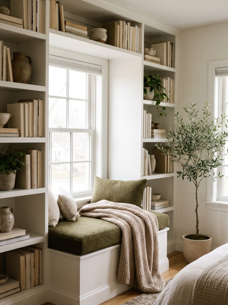 A bright bedroom window seat built into white bookshelves, styled with a green boucle cushion, cream pillows, a folded knit throw, and a potted olive tree beside the window