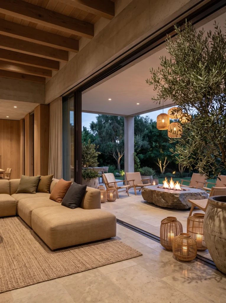 A tan modular sofa facing an open glass wall that leads to an outdoor patio with a stone fire pit