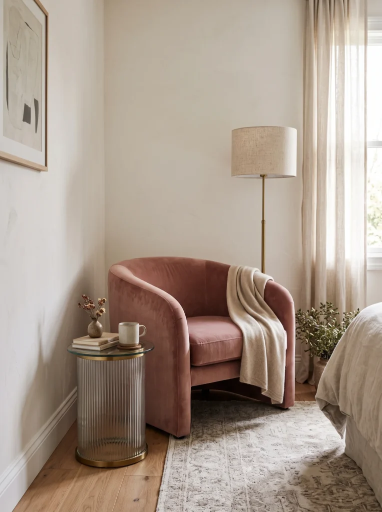 A dusty rose curved velvet accent chair with a fluted glass side table and floor lamp in a bedroom corner