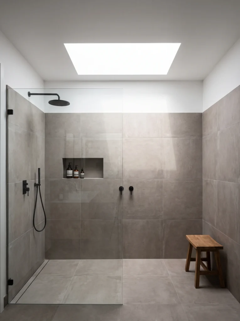 Minimalist walk-in shower with a rectangular ceiling skylight, gray porcelain tile, a recessed niche, and a wood stool